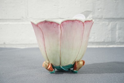 A large Chinese famille rose magnolia-shaped cup on stand, Yongzheng