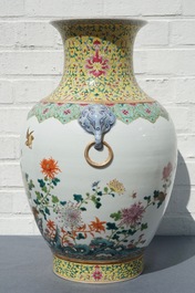 A Chinese famille rose hu vase with quails, Jiaqing mark, 19/20th C.