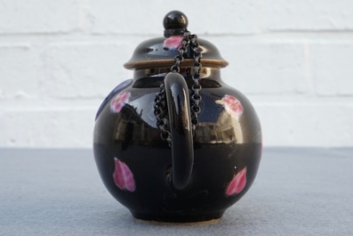 A small Chinese famille rose black-ground teapot and cover, Yongzheng/Qianlong