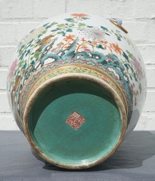 A Chinese famille rose hu vase with quails, Jiaqing mark, 19/20th C.