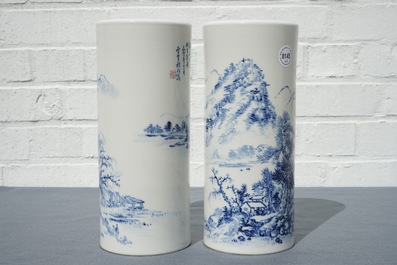 A pair of Chinese blue and white hat stands, 20th C.