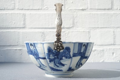 A Chinese blue and white silver-handled bowl with Long Eliza, Kangxi