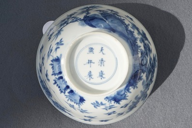 A Chinese blue and white bowl with birds among foliage, Kangxi mark and of the period