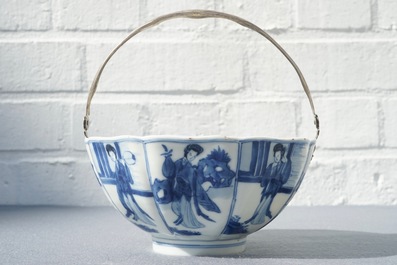 A Chinese blue and white silver-handled bowl with Long Eliza, Kangxi