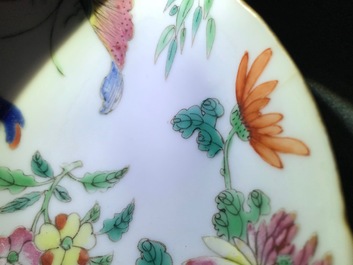 A Chinese monochrome yellow saucer, Tongzhi mark and of the period, and a famille rose butterfly plate, 19th C.