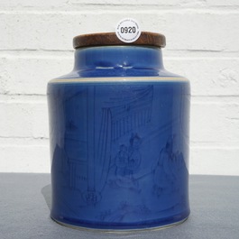 A Chinese monochrome blue tea caddy with underglaze design, Kangxi