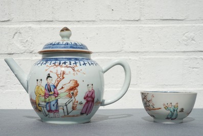 A Chinese famille rose mandarin teapot with cup and saucer, Qianlong