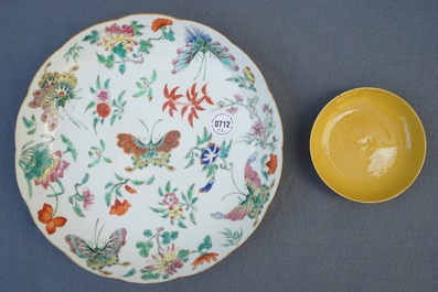 19世纪 黄色小瓷盘 蝴蝶花朵大瓷盘