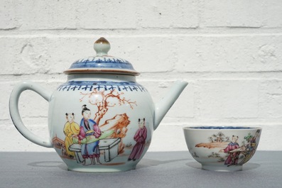 A Chinese famille rose mandarin teapot with cup and saucer, Qianlong