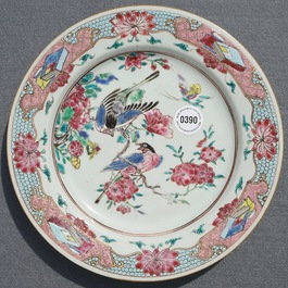 A Chinese famille rose plate with birds on blossoms, Yongzheng/Qianlong