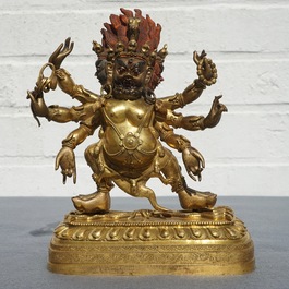 A Sino-Tibetan or Nepalese gilt bronze figure of Yamantaka, 19/20th C.