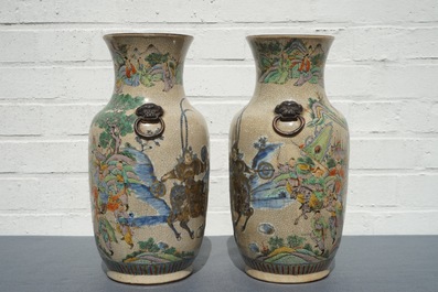 A pair of Chinese Nanking famille verte crackle-glazed vases, 19th C.