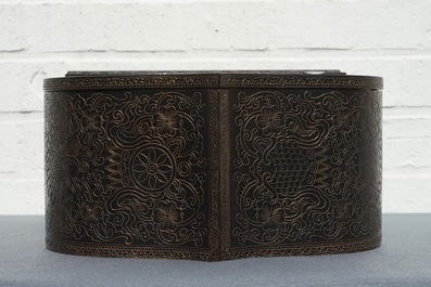 A Chinese inlaid carved wood shrine with inscription, 19/20th C.