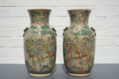 A pair of Chinese Nanking famille verte crackle-glazed vases, 19th C.