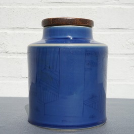 A Chinese monochrome blue tea caddy with underglaze design, Kangxi