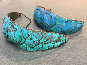 Thirty-one Chinese kingfisher feather ornaments in silver and gilt metal, Qing and 20th C.