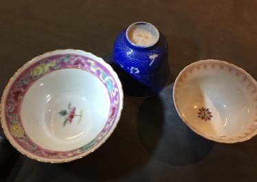 A Chinese famille verte dish, a mandarin bowl, two teapots and three cups, Kangxi and later