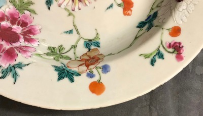 Six Chinese famille rose plates and a cup and saucer, Yongzheng/Qianlong