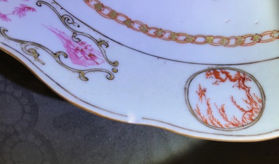 Three Chinese famille rose plates and an oval dish, 18/19th C.