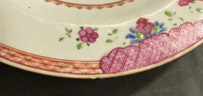 Six Chinese famille rose plates and a cup and saucer, Yongzheng/Qianlong