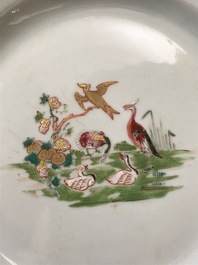 Six Chinese famille rose plates and a cup and saucer, Yongzheng/Qianlong