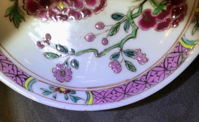 Six Chinese famille rose plates and a cup and saucer, Yongzheng/Qianlong