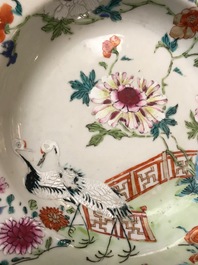 Six Chinese famille rose plates and a cup and saucer, Yongzheng/Qianlong