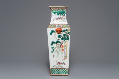 A square Chinese famille rose vase with figures, 19th C.