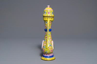 A Chinese yellow ground Canton enamel ewer and cover, 18/19th C.