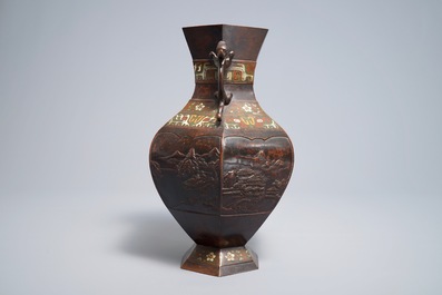 A Japanese bronze and champlev&eacute; vase, impressed mark, 19th C.