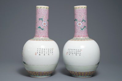 A pair of Chinese famille rose tianqiu ping vases with figures, 20th C.