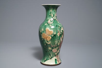 A Chinese famille verte vase with birds among foliage, 19th C.