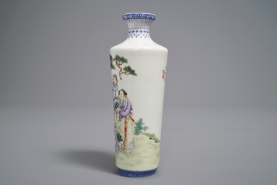 A Chinese famille rose eggshell rouleau vase, Qianlong mark, 20th C.