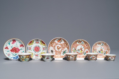 Five Chinese famille rose cups and saucers, Yongzheng/Qianlong