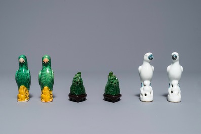 Two pairs of verte biscuit and blanc de Chine parrots and a pair of water droppers, Kangxi and later