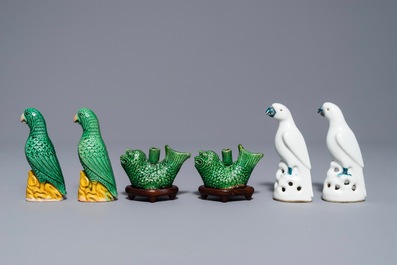 Two pairs of verte biscuit and blanc de Chine parrots and a pair of water droppers, Kangxi and later