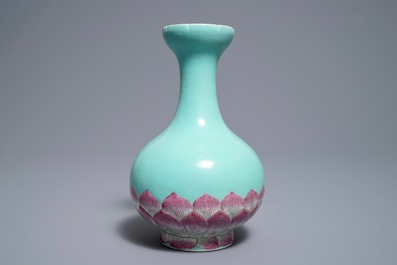 A Chinese famille rose turquoise ground lotus flower-shaped vase, 19/20th C.