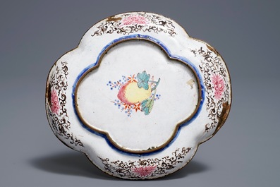 A Chinese Canton enamel quatrefoil 'Europeans' dish, Qianlong