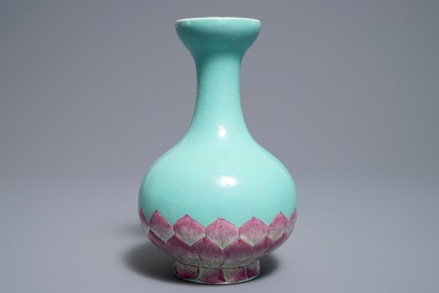 A Chinese famille rose turquoise ground lotus flower-shaped vase, 19/20th C.