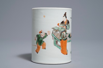 A Chinese famille verte Kangxi style brush pot, 19/20th C.