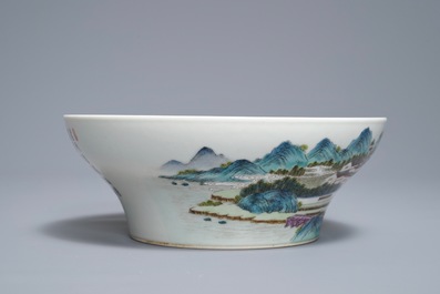 A Chinese famille rose landscape bowl, Jiaqing mark, 20th C.