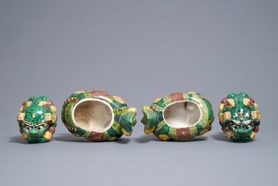 A pair of Chinese sancai Buddhist lion-shaped incense burners, 20th C.