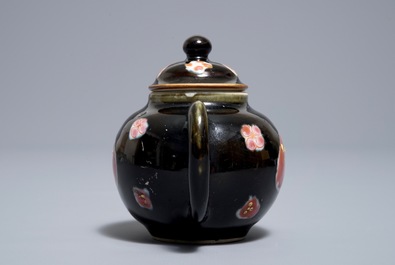 A small Chinese famille rose black ground teapot and cover, Yongzheng/Qianlong