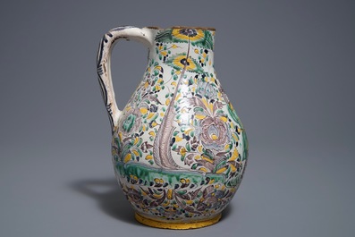 A Habaner pottery jug with a hunting scene, monogram IL, Slovakia, 18th C.
