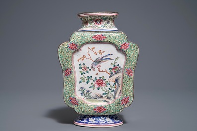 A Chinese Canton enamel vase with birds on flowering branches, Qianlong