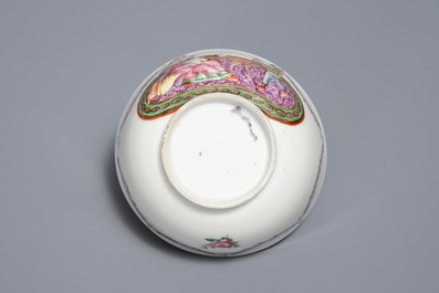 A Chinese famille rose 'European subject' cup and saucer, Qianlong