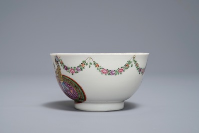 A Chinese famille rose 'European subject' cup and saucer, Qianlong