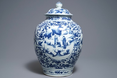 A large Chinese blue and white vase and cover with figurative medallions, Wanli, Ming