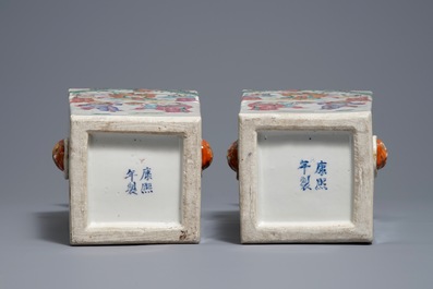 A pair of square Chinese famille rose vases, 19th C.