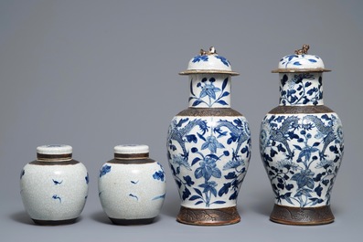 Two pairs of Chinese Nanking crackle-glazed vases and covers, 19/20th C.